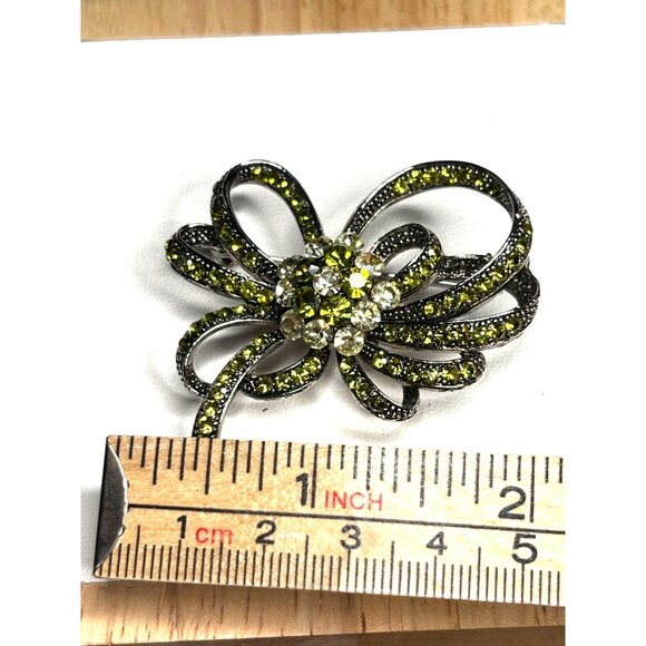 Vintage Rhinestone Bow Brooch Pin With Yellow & Clear Crystals - Picture 3 of 8